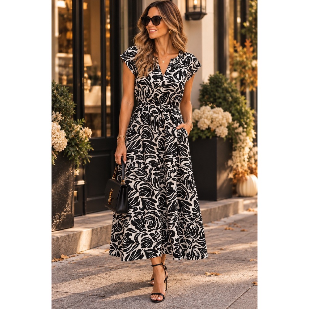 Nicole Miller New York Linen Blend Midi Dress Black White Leaf Smocked Waist L